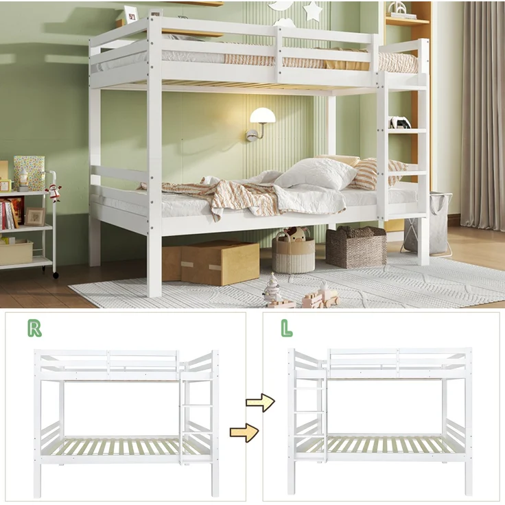 Bett 90x200 cm Etagenbett teilbar mit Leiter und Absturzsicherung – weißes Kiefernholz, platzsparend für Kinder – Bild 8