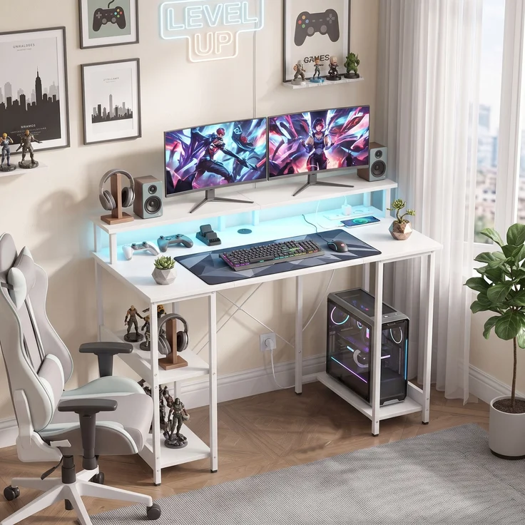 Wendbarer Computertisch mit Ablagen, 120 x 50 cm, mit Steckdosen und LED-Beleuchtung, Weiß in Holzoptik – Bild 3