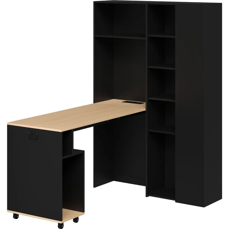 Klappbarer Schreibtisch mit Ablagen –2-in-1-Bücherregal und Schreibtisch, klappbar, mit Steckdose und USB-Anschluss, höhenverstellbare Ablagen, Kippschutz, Schreibtisch,Eck-Schreibtisch-rechts – Bild 9
