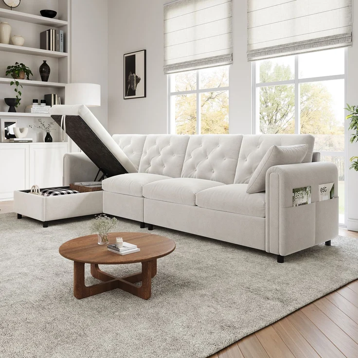 EINHOM Moderns sofa mit Stauraum im Eckbereich , L-förmiger Stauraum im Eckbereich links und rechts verstellbar, Seitliche Armlehnen mit Magazintaschen, Rückenlehne mit Knopfheftung. Beige. (281 x 86 x 71 cm) – Bild 3