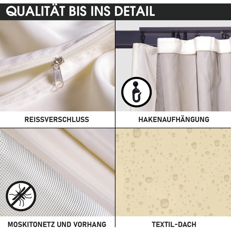 BRAST 'Infinity' Pavillon inkl. Moskitonetz und LED-Beleuchtung, wasserdicht, stabil, UV-Schutz, Aluminium, Beige, 4x4 m, mit Beleuchtung – Bild 5