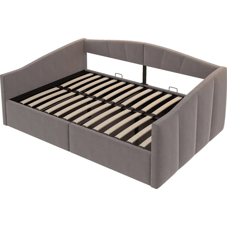 Polsterbett Sofabett 140*200 cm, Mit hydraulischer Lagerung, Mit Lattenrost und Armlehnen, Klassische Streifen, Vielseitiges Doppel, Hautfreundlicher Samtstoff, Grau – Bild 7
