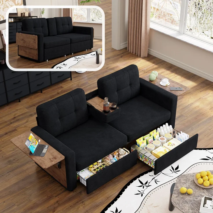 ZUBALIYA Schlafsofa 71x57.5 cm, mit Schreibtisch, mit Schubladen, mit Stauraum, mit Ablageflächen, mit Ausziehbett, Schwarz – Bild 1