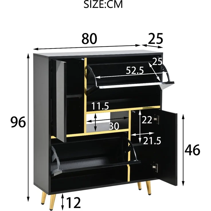 Schuhschrank, Spanplatte mit Hochglanzfront & LED-Licht (16 Farben), 80x25x96 cm, Schwarz – Bild 6