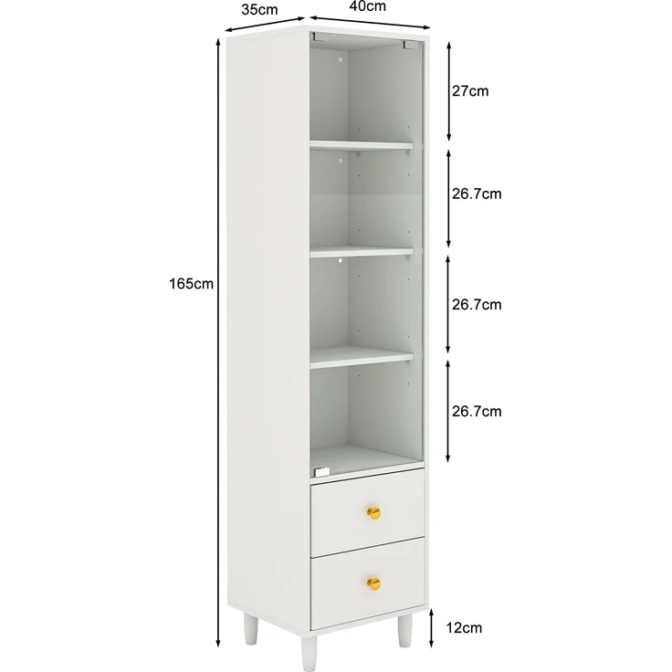 Vitrine mit LED-Beleuchtung, modernes Bücherregal mit Glastüren und 2 Schubladen, Vitrine für Sammlerstücke, moderner Stil mit goldenen Griffen, weiß–H165/B40/T35cm--Weiß--40x35x165cm--YOUDENOVA – Bild 2