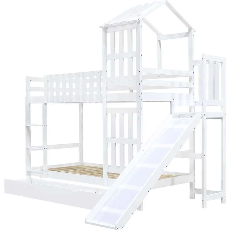 Merax Etagenbett , Kinderbett mit Rutsche, Dach & Fenster, Schublade mit Rollen, Kiefer MDF Weiß, 90x200cm – Bild 9