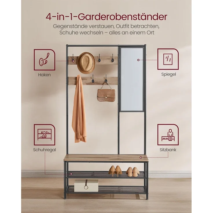 VASAGLE Kleiderständer, Garderobe, Garderobenständer mit Haken, Spiegel, Sitzbank, 35 x 98 x 180 cm, für Eingangsbereich, Schlafzimmer, Wohnzimmer, Industrie-Stil, Kamelbraun-tintenschwarz HSR415K01 – Bild 3