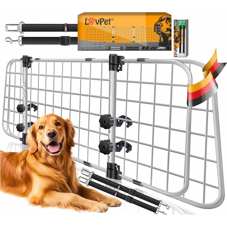 LovPet® Hundegitter Auto, Autoschutzgitter Trenngitter Universal, verstellbare Breite, Kopfstütze Kofferraum Autogitter Maße HxB 30 x 91-153 cm Kofferraumgitter,+ 2x Sicherheitsgurt für Hunde Grau