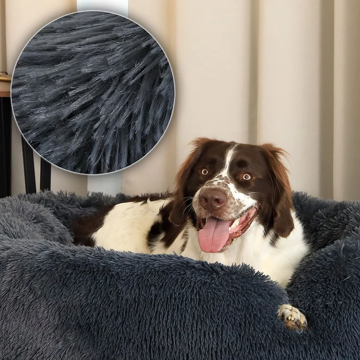 lionto Donut Hundebett, rundes Hundesofa mit Plüschbezug & Anti-Rutsch-Noppen, weich & gemütlich, 100 cm Durchmesser, dunkelgrau – Bild 4