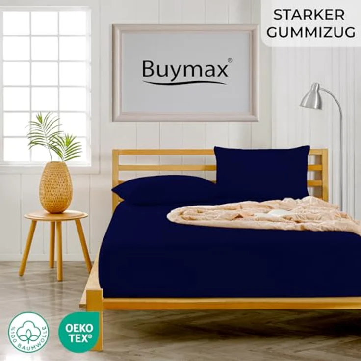 Buymax® Spannbettlaken 140x200 cm Baumwolle 100% Spannbetttuch Bettlaken Jersey, Matratzenhöhe bis 25 cm, Farbe Marineblau – Bild 3