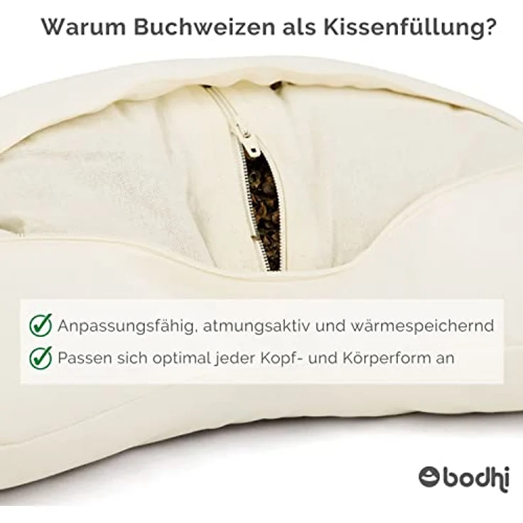 Bodhi Meditationskissen Halbmond Yogi MOND ECO, Sitzkissen aus 100% Bio-Baumwolle mit Buchweizenfüllung, aubergine, ergonomische Form mit Trageschlaufe und waschbarem Bezug – Bild 4