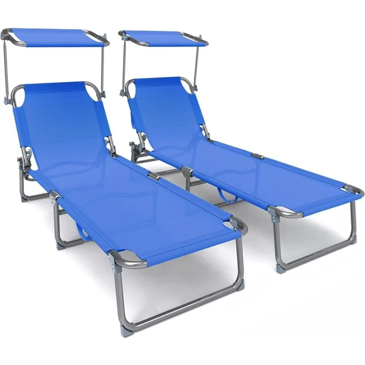 VOUNOT 2er Set Sonnenliege Klappbar, Gartenliege Strandliege mit Sonnenschutz und Verstellbarer Rückenlehne, Liegestuhl für Garten, Pool, Terrasse, Blau