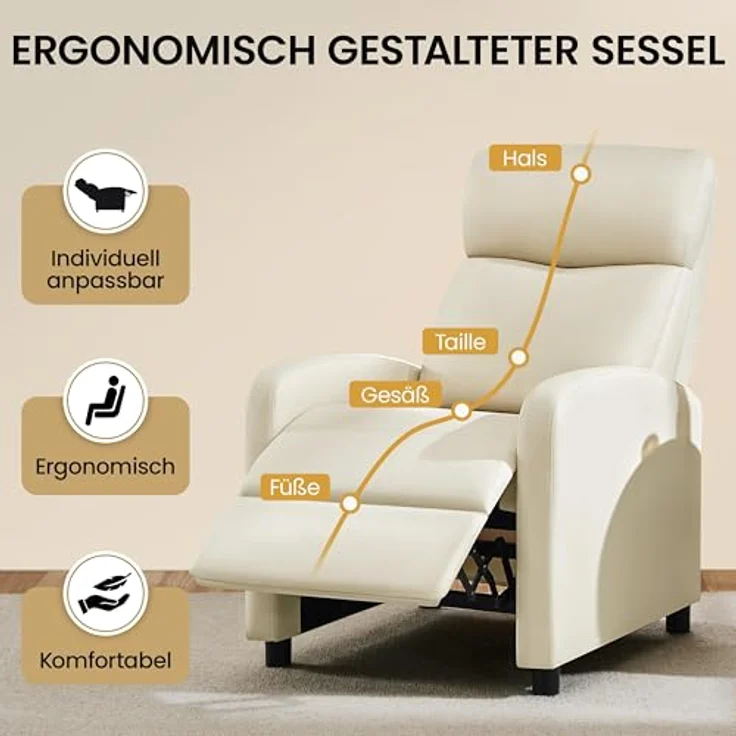 Yaheetech Relaxsessel Fernsehsessel Einzelsofa Ruhesessel mit Verstellbarer Beinablage Liegesessel aus Kunstleder Beige – Bild 6