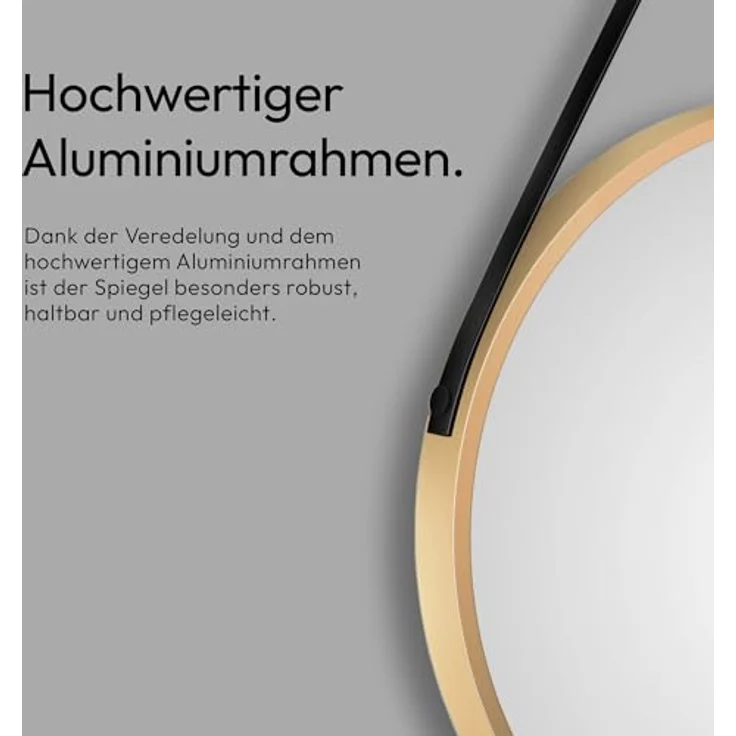 Talos Golden Style Wandspiegel Ø 50 cm, runder Badspiegel in Gold mit hochwertigem Aluminiumrahmen und Lederoptik Aufhängung, vielseitig einsetzbar – Bild 5