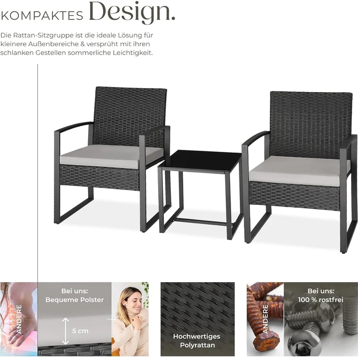 tectake® Rattan Sitzgruppe 2X Sessel mit Tisch, Balkon Möbel Set, Gartenmöbel, Balkonmöbel, Lounge klein, Stühle mit Polster inkl. Gartentisch Outdoor, wetterfest – Bild 3