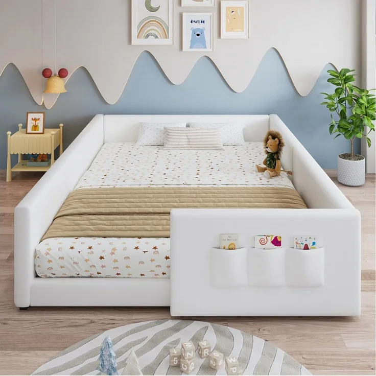 MODFU Polsterbett mit 3 praktischen Stautaschen, Kinderbett (modern-minimalistisches umrandetes Design, Jugendbett 140x200cm), Inklusive Matratze