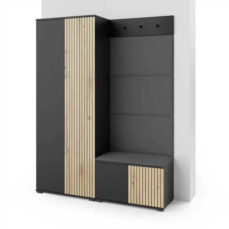 Garderoben-Set Rosario Version 1 mit Lamellen, Kleiderschrank mit Polsterplatten und Schuhschrank (Schwarz / Eiche Artisan, Trinity 15), 185 x 40 x 140 cm