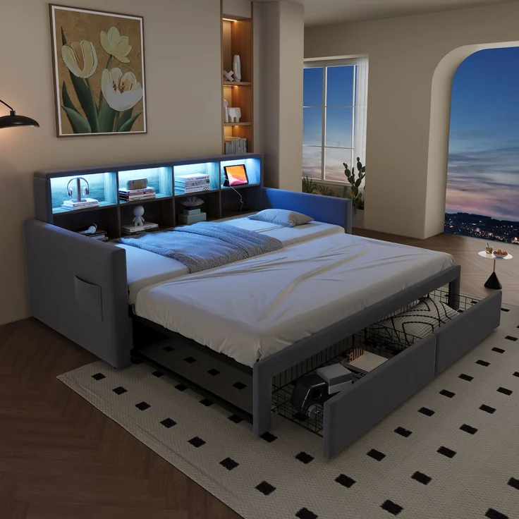 Merax Einzelbett Daybett 90/180 x190cm Ausziehbares Polsterbett Schlafsofa, Kopfteil mit integrierten Staufächern, LED-Lichtleiste und Ladesteckdosen, Mit 2 Schubladen, Samt Hellgrau – Bild 2