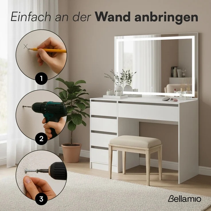 Bellamio 'Nore' Schminktisch mit Spiegel, mit 5 Schubladen, beidseitig montierbar, weiß, 75x53x110 cm, LED-Beleuchtung mit mit 3 einstellbaren Lichtfarben – Bild 7