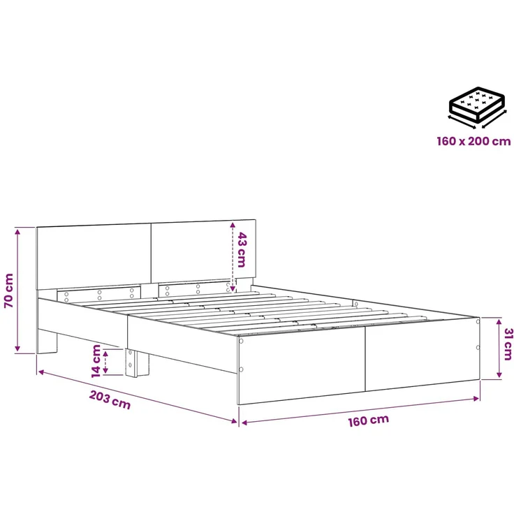 vidaXL Bettgestell mit Kopfteil Schwarz Eichen-Optik 160 x 200 cm 3445773 – Bild 8
