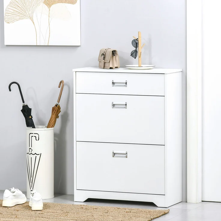 Schuhschrank mit 2 Klappschubladen, verstellbarem Einlegeboden + 1 Schublade für bis zu 16 Paar Schuhe, 70 L x 29 L x 92 H, Weiß – Bild 4
