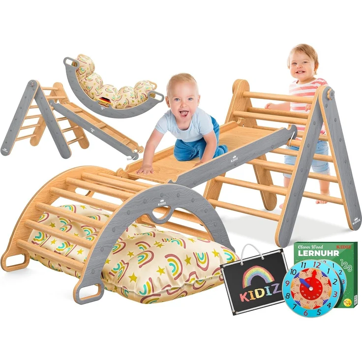 KIDIZ® Klettergerüst Montessori 7in1 Spiel-Set mit Kletterbogen Rutsche Kletterdreieck aus Holz inklusive Kissen, Tafel & Lern-Uhr | Indoor Spielplatz für Kleinkinder ab 1 Jahr & Kinder bis 3 Jahre Grau / Hellbraun – Bild 1