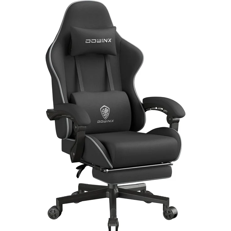 Dowinx Gaming Stuhl Tasche Frühling Kissen, Atmungsaktiver Bürostuhl aus Hochwertigem Stoff, Ergonomischer PC-Stuhl mit Kopfstütze, Drehbarer Schreibtischstuhl mit Fußstütze (Schwarz) – Bild 1