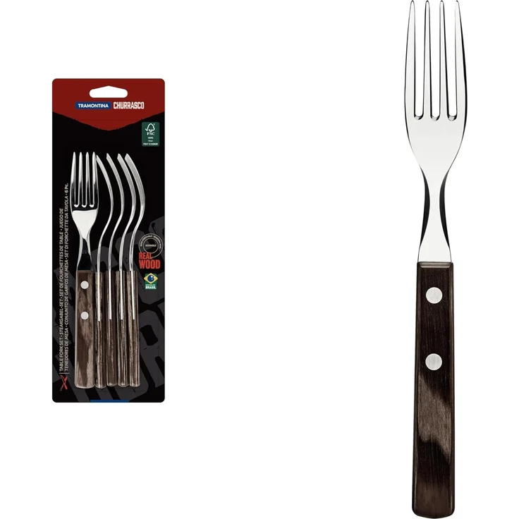 Tramontina Tafelgabel Steak/Pizza - Set 6-teilig, mit FSC Holzgriff (6 Stück), Echtholzgriff, rostfreier Edelstahl, spülmaschinenfest – Bild 2