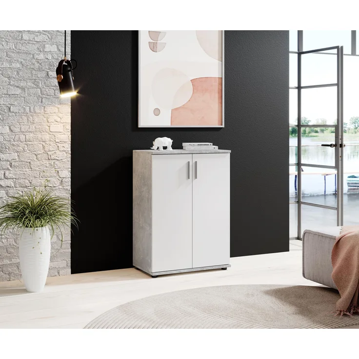 Kommode >Freida< (B/H/T 60 x 82 x 35 cm) in Beton / Weiß - 60x82x35cm (BxHxT)