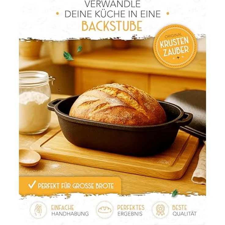KRUSTENZAUBER 40cm Brotbackform mit Deckel Gusseisen inkl. Gärkorb - Robuster Gusseisen Topf Brot Backen - Idealer Brotbacktopf für selbstgemachtes Brot, Gusseisentopf, Gusstopf, cast iron pot – Bild 3
