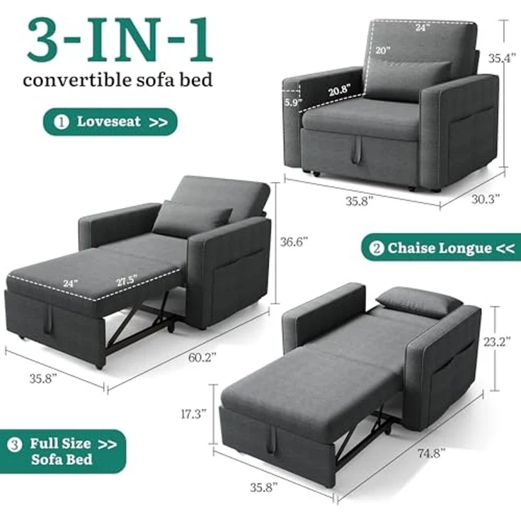 YITAHOME Schlafsessel mit Bettfunktion 192×88 cm, 3-in-1 Ausziehbares Schlafsofa, Verstellbares Einzelsessel mit Kissen und Seitentasche, Sofa mit Schlaffunktion für Wohnzimmer Wohnung, Hellgrau – Bild 3