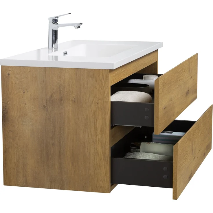 Badplaats Badmöbel Set mit Waschbecken und Unterschrank Angela 90 x 48 cm Eiche - Waschbeckenunterschrank mit Soft-Close und Waschbecken, Vorgemontiert – Bild 4