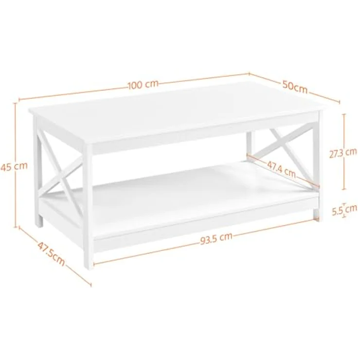 Yaheetech Kaffeetisch mit X-förmige Rahmen Sofatisch mit Viel Stauraum Couchtisch mit Ablagefläche Beistelltisch 100 cm L × 50 cm B × 45 cm H Weiß – Bild 3