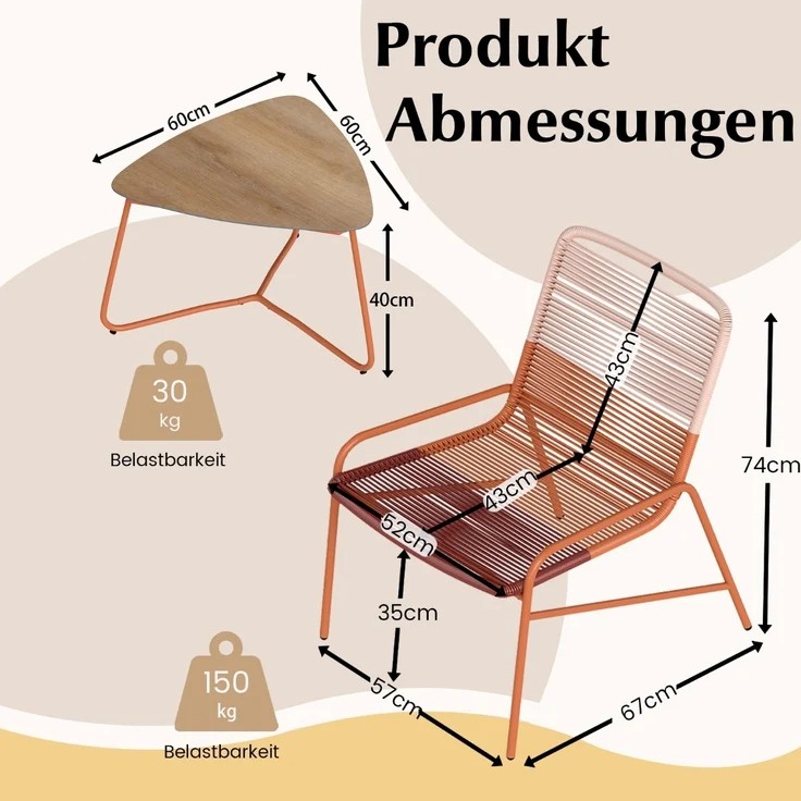 3 TLG. Gartenmöbel Set Rattan Balkonmöbel mit 2 Stühlen & Tisch Garten Sitzgruppe Gartengarnitur – Bild 2