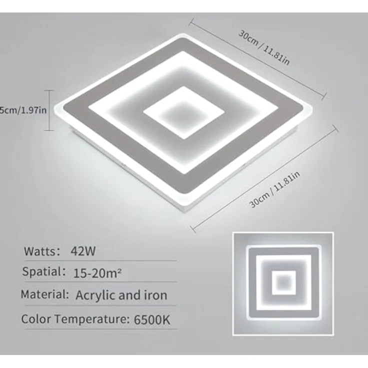 Comely LED Deckenleuchte Quadrat, Moderne Deckenlampe 42W 4725LM 30cm Quadratisch LED Acryl LED Deckenbeleuchtung, LED Lampen Weiß für Schlafzimmer, Wohnzimmer, Flur, Kaltweißes Licht 6500K – Bild 4