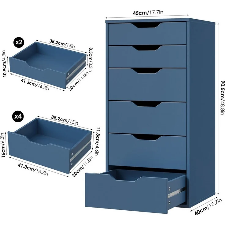 Homfa Kommode Schubladenschrank, Schubladenkommode, Aktenschrank, mit 6 Schubladen, 45x40x90,5 cm, Blau – Bild 4