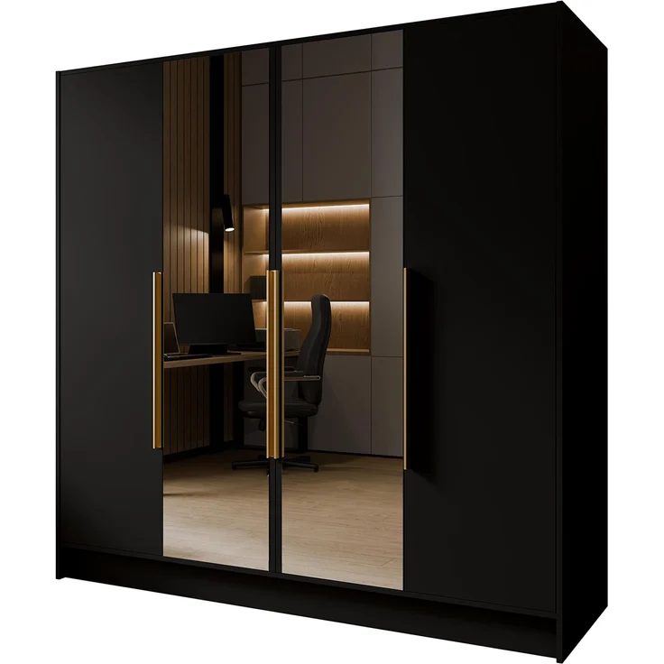 MEBLINI Kleiderschrank LUSINDA 200cm - Schwarz Matt - mit goldfarbenen Griffen - Drehtürenschrank mit zwei Spiegeln - Kleiderstangen und Regalböden – Bild 1