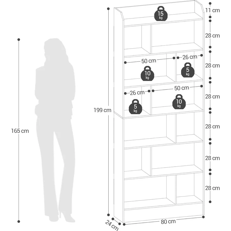 Bücherregal, Bücherschrank, mit 7 Fächern, Aufbewahrungsregal, Standregal, für Wohnzimmer, Büro, Schlafzimmer, 24 x 80 x 199 cm, Weiß – Bild 9