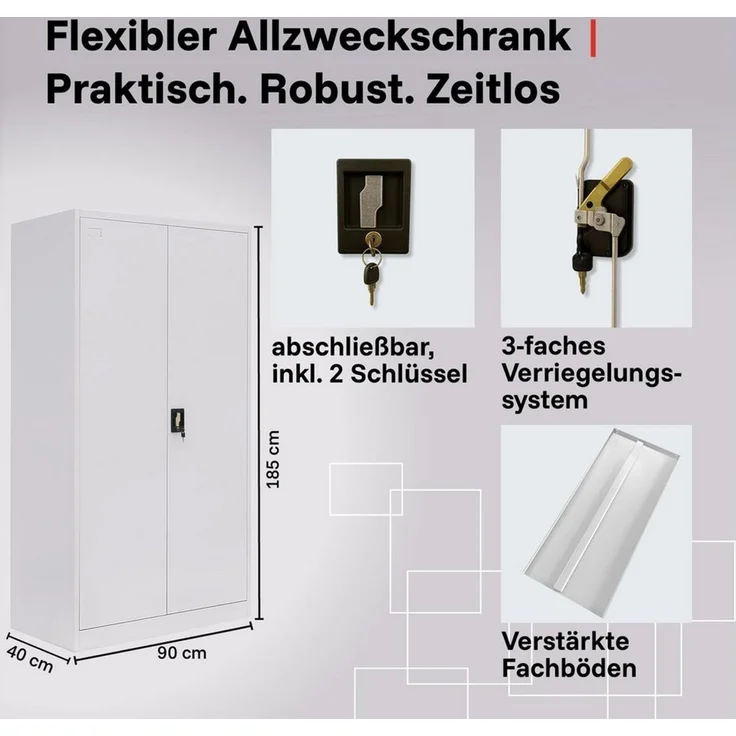 LagerZwei Aktenschrank Stahlschrank 185x90x40 cm (1-St) 3-fach verriegelt, 4 Böden, bis 50 Ordner, Flügeltüren 130° – Bild 3