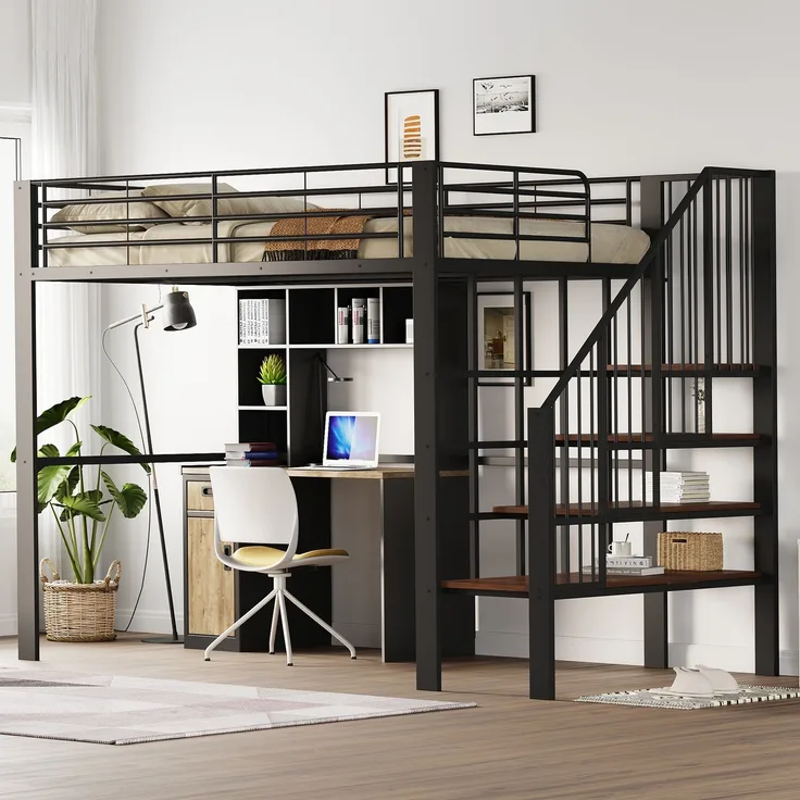 EINHOM Hochbett 140 x 200 cm Stabile Metallkonstruktion mit Geräumigem Stauraum unter dem Bett und Treppe Ideal für Kinder und Erwachsene Stauraumbett für Maximale Platzeffizienz (Ohne Matratze)