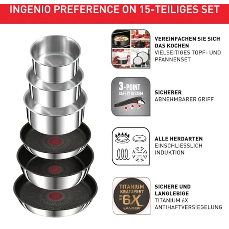 Tefal Ingenio Preference On 15-teiliges Topf und Pfannenset abnehmbarer Griff, stapelbar, platzsparend, Topfset Induktion mit Antihaftversiegelung, einfache Handhabung und Reinigung, L97495 – Bild 4