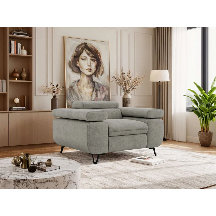 Einzelsessel, Polstersessel PETER mit verstellbaren Armlehnen und Kopfstütze, 1-Sitzer Sofa, Ohrensessel, Wellenfeder - Grau Stukture – Bild 1