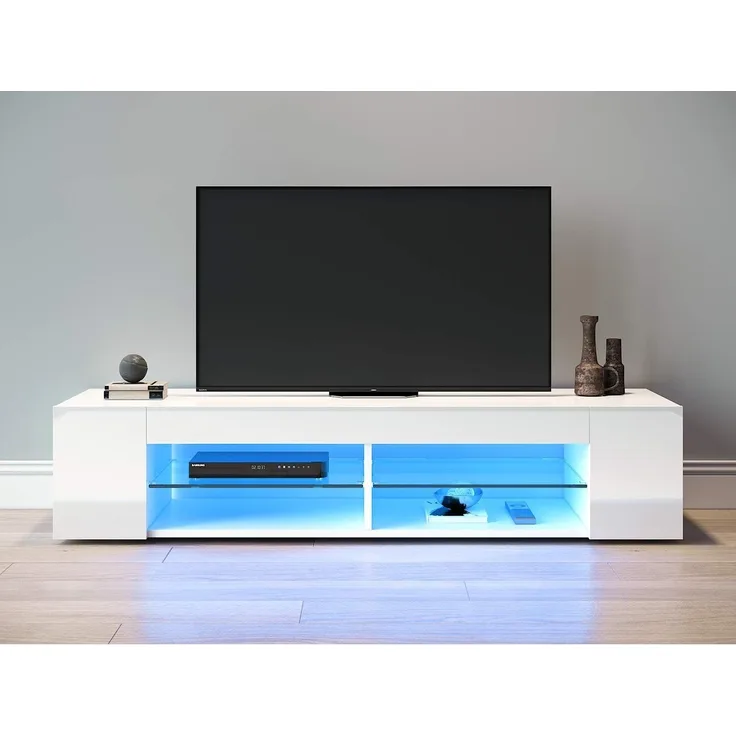 SONNI TV-Lowboard Fernsehschrank Fernsehtisch 135 x 39 x 30 cm Schranks in Weiß Hochglanz mit LED Beleuchtung Glasböden TV Mediaboard