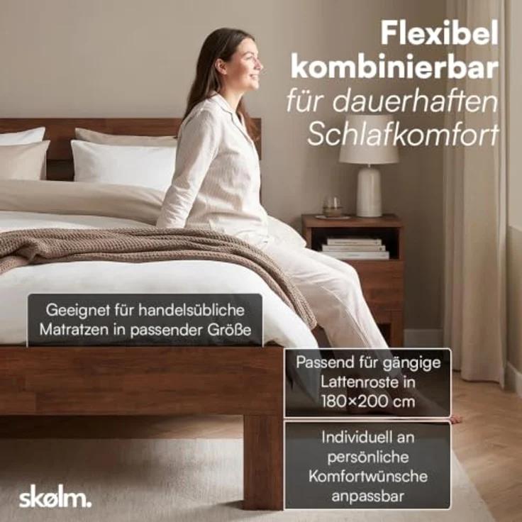 skølm Floki Massivholzbett 180x200 cm aus Eiche - hochwertiges Bettgestell in Walnussoptik - Bettrahmen mit Bettkopf - Holzbett in Natur geölt - Bett geeignet als Doppelbett - Futonbett Schlafzimmer – Bild 7