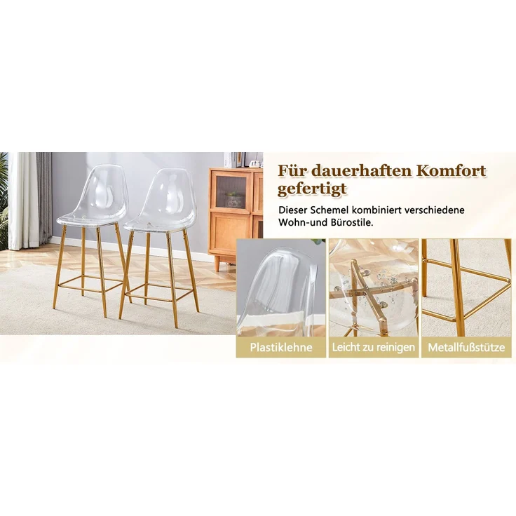 Transparentes Barhocker-Set, 4er-Pack, mit Metallgestell in Silber/Gold/Schwarz, Moderne Design-Stühle für Küche, Bar oder Esszimmer (Nur Stühle, ohne Tisch)--Gold--102x45x51cm--YOUDENOVA – Bild 6