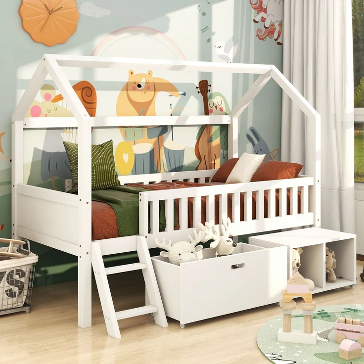 Merax Hausbett Kinderbett Jugendbett 200x90 Mit Schubladen und Ablagefächern Geeignet für Jungen und Mädchen Mit Anti-Drop-Geländer, Weiß (Ohne Matratze) – Bild 5