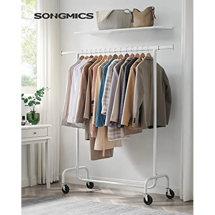 SONGMICS Kleiderständer auf Rollen, Garderobenständer, hochbelastbar, ausziehbare Kleiderstange, bis 130 kg belastbar, 45 x (110-150) x 162,9 cm, aus Metall, verchromt, mattweiß HSR011W01 – Bild 3
