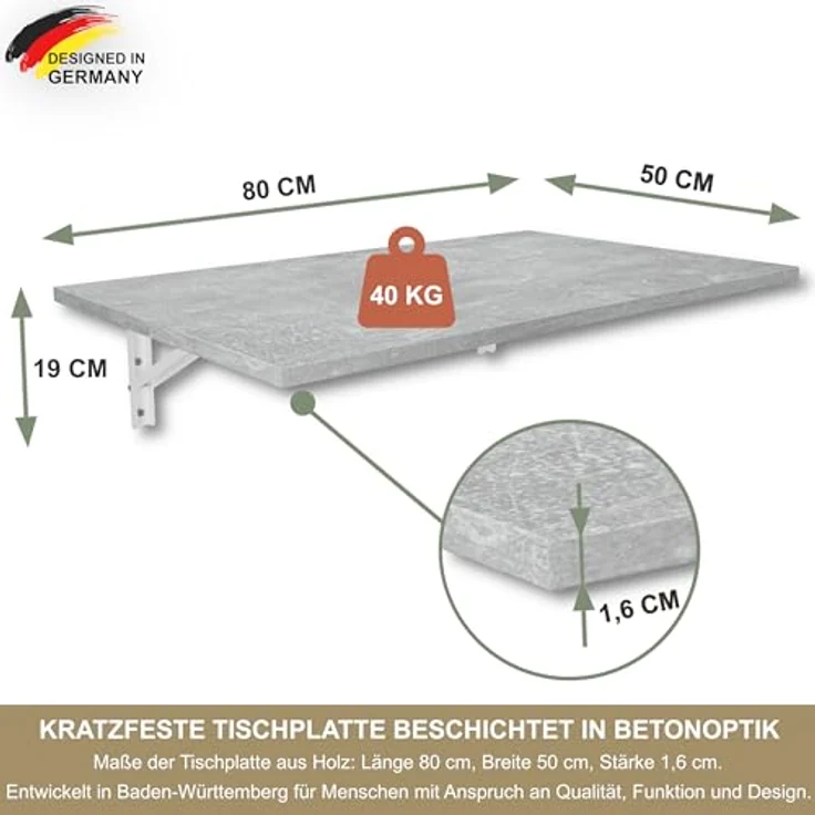 KDR Produktgestaltung Klapptisch 80x50 Wandklapptisch Esstisch Küchentisch Schreibtisch Wand Tisch, Beton – Bild 2