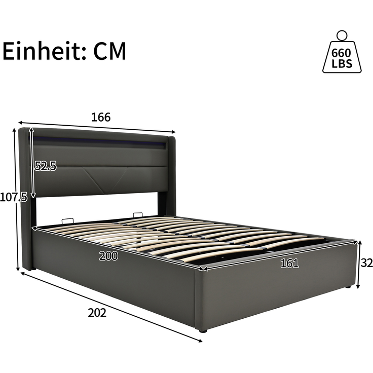 CHICFURN Polsterbett PU Grau 160x200 cm mit LED-Beleuchtung und hydraulischem Bettkasten – Bild 10