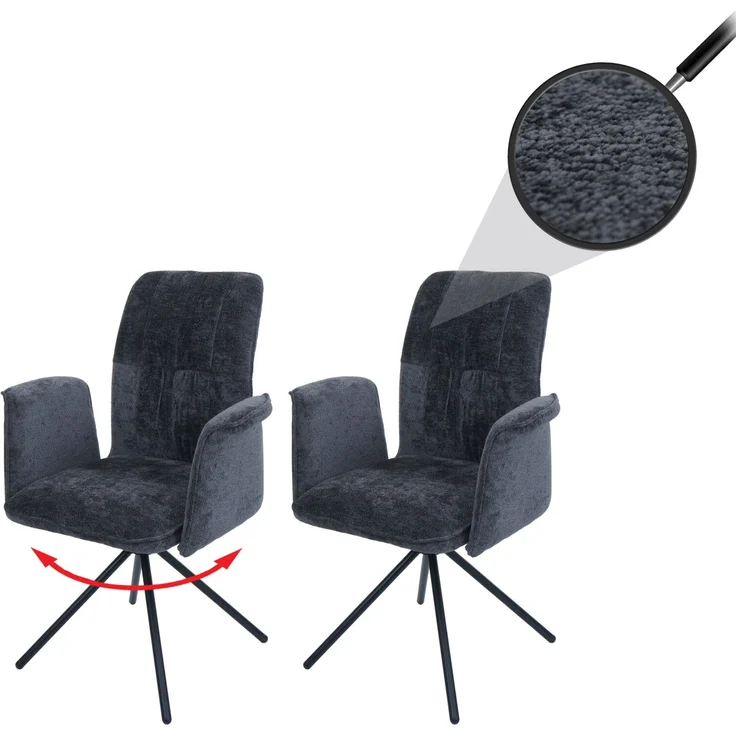 2er-Set Esszimmerstuhl HWC-N99, drehbar Armlehne Auto-Return, Stoff/Textil Chenille (340g/m²) ~ dunkelgrau – Bild 1
